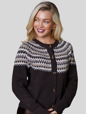 Galuxia Women's Cozy Chocolate Brown Fair Isle Knit Crew Neck Cardigan Sweater