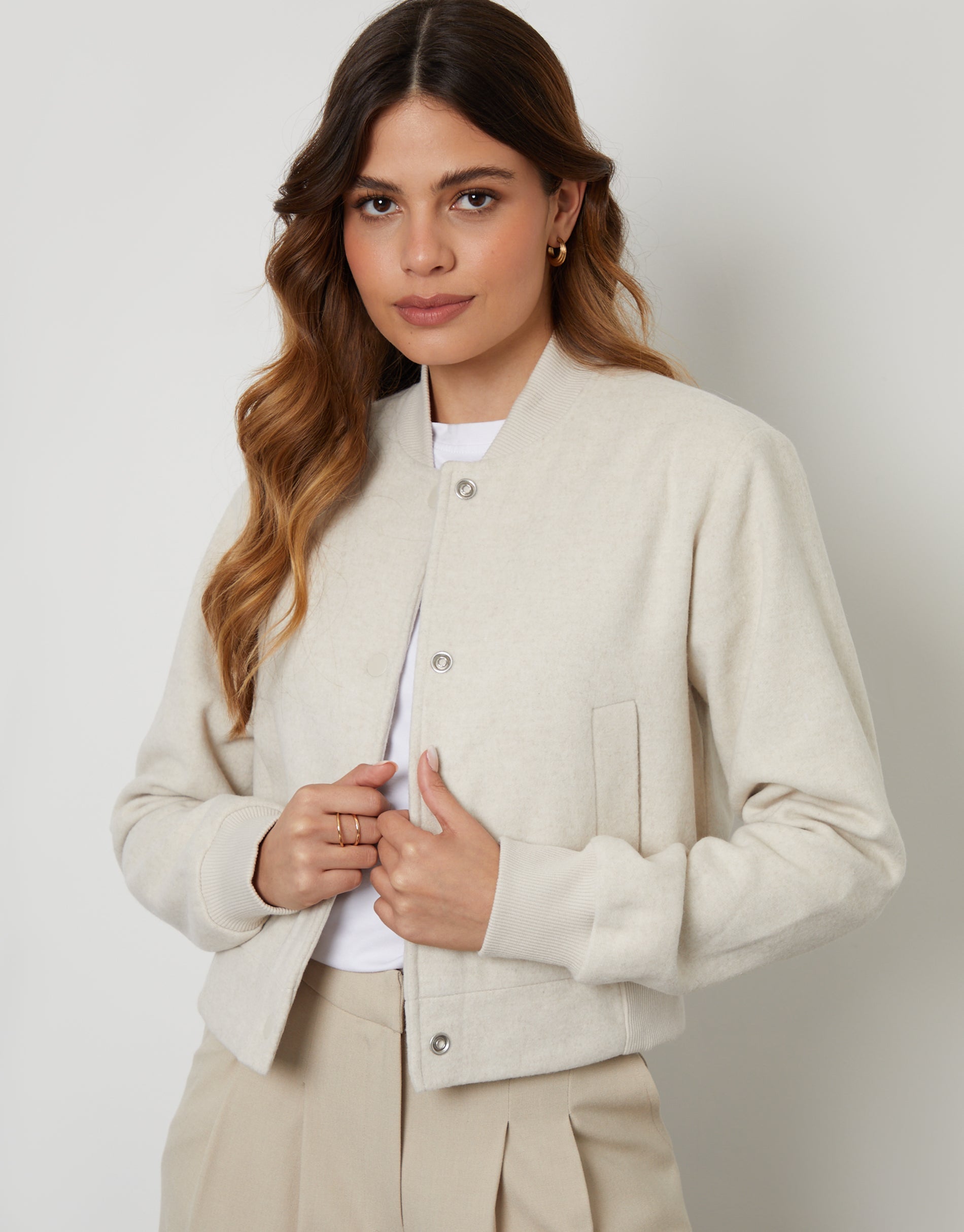 Galuxia Women's Ecru Brushed Cropped Bomber Jacket