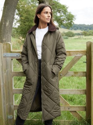 Galuxia Women's Khaki Diamond Quilted Heritage Longline Barn Jacket with Removable Hood