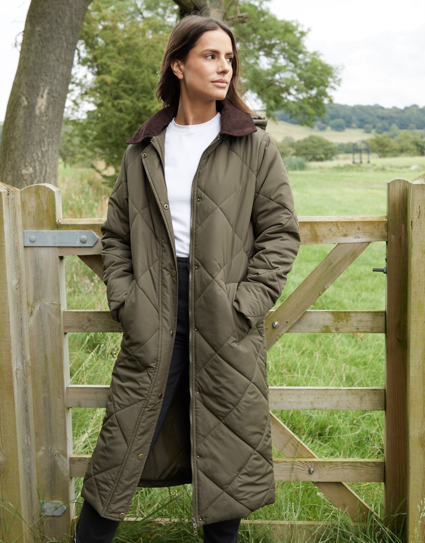 Galuxia Women's Khaki Diamond Quilted Heritage Longline Barn Jacket with Removable Hood