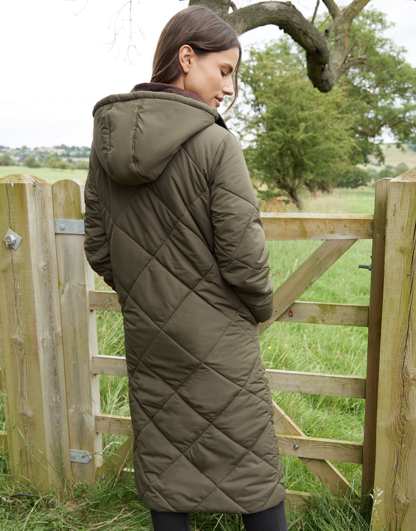 Galuxia Women's Khaki Diamond Quilted Heritage Longline Barn Jacket with Removable Hood - Image 2