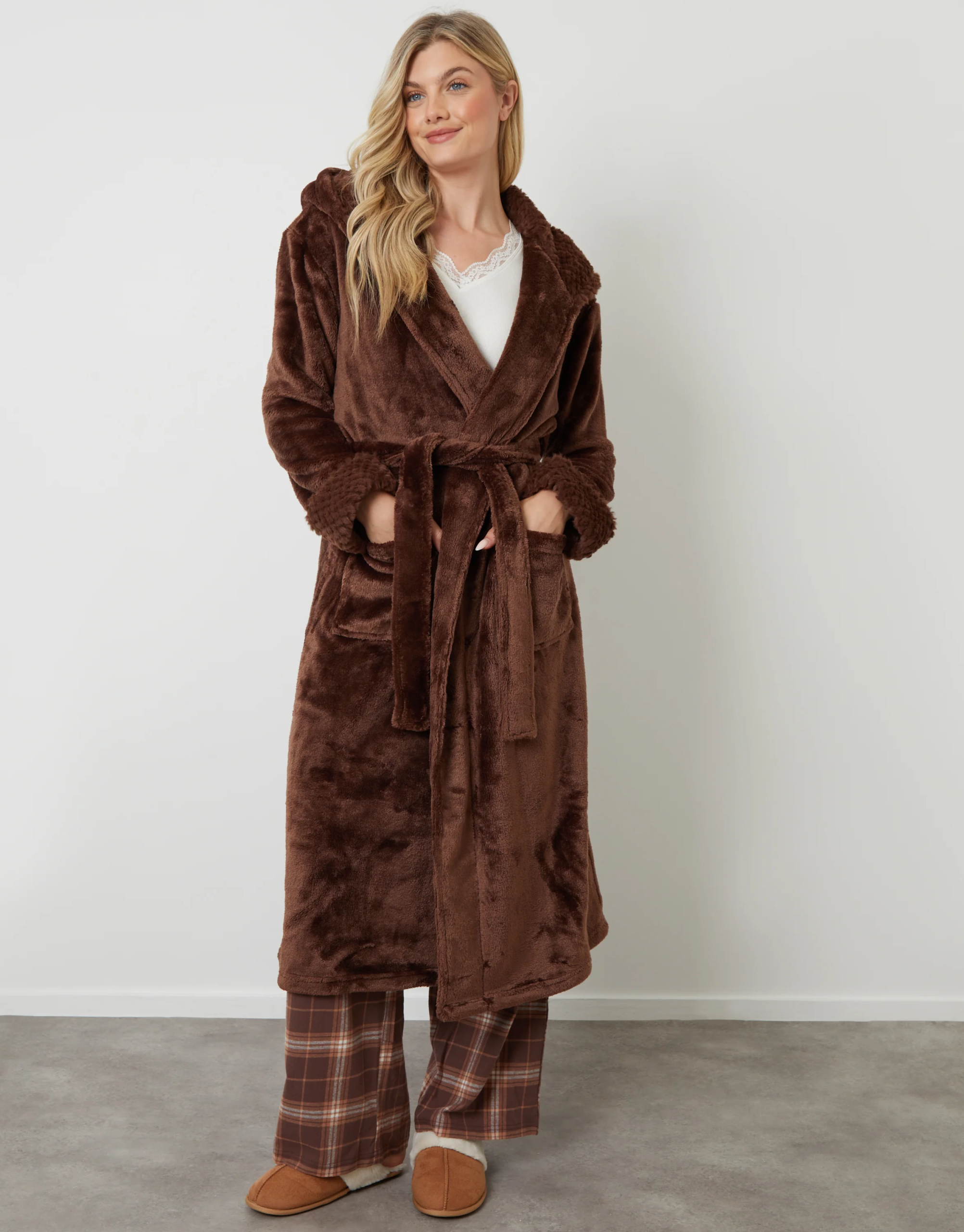 Galuxia Women's Chocolate Brown Soft Faux Fur Trim Dressing Gown