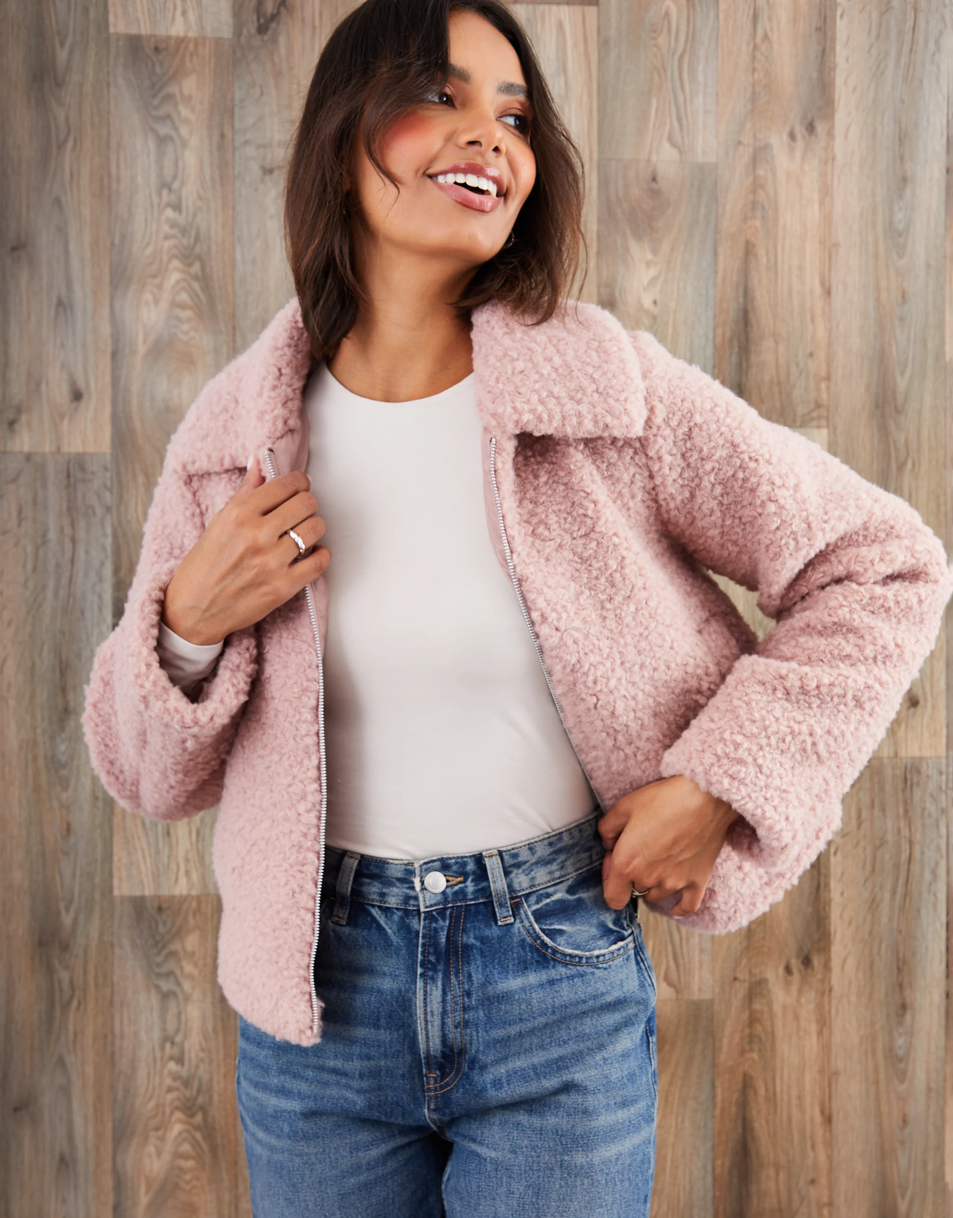 Galuxia Women's Pink Collared Zip Up Borg Bomber Jacket