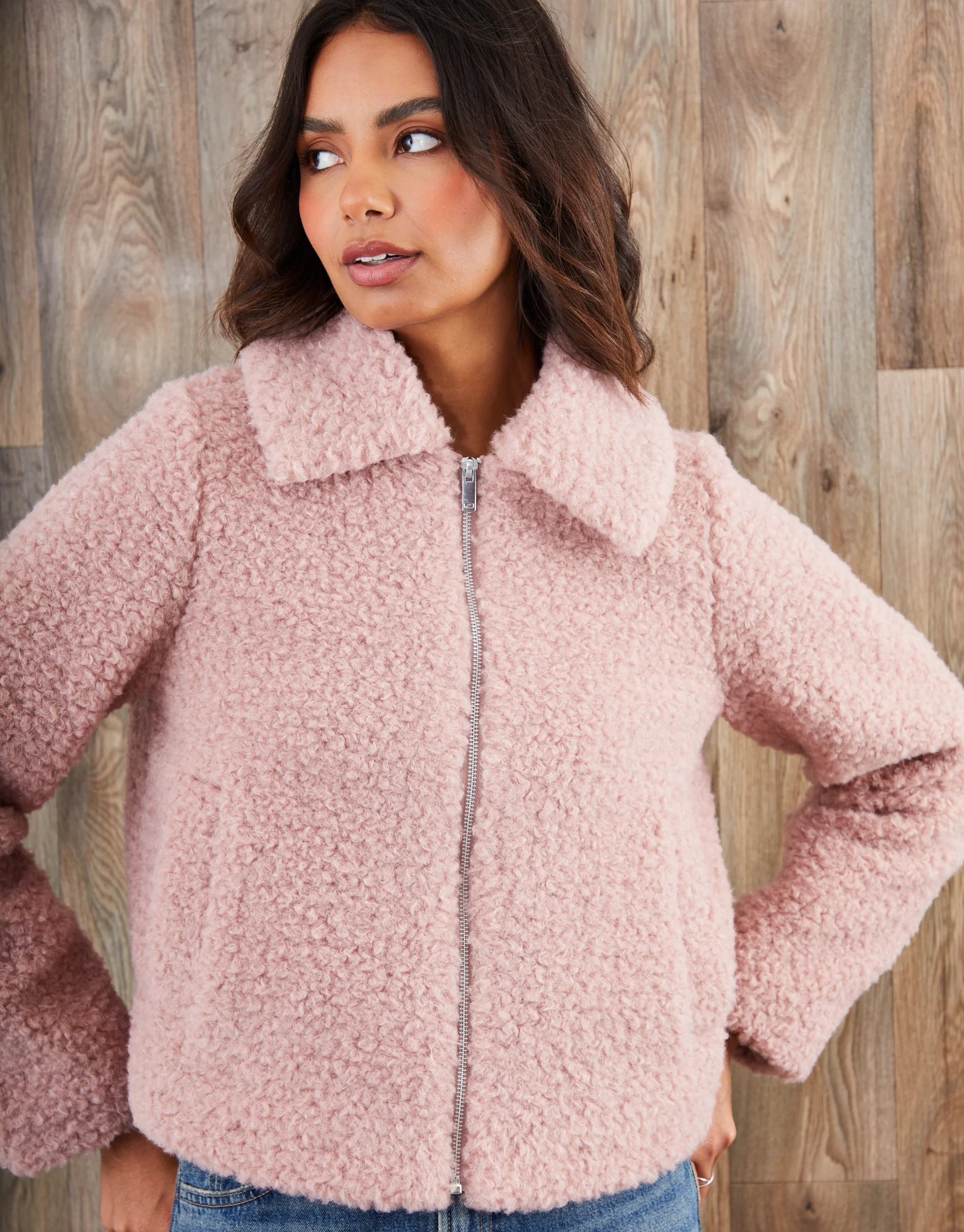 Galuxia Women's Pink Collared Zip Up Borg Bomber Jacket - Image 3