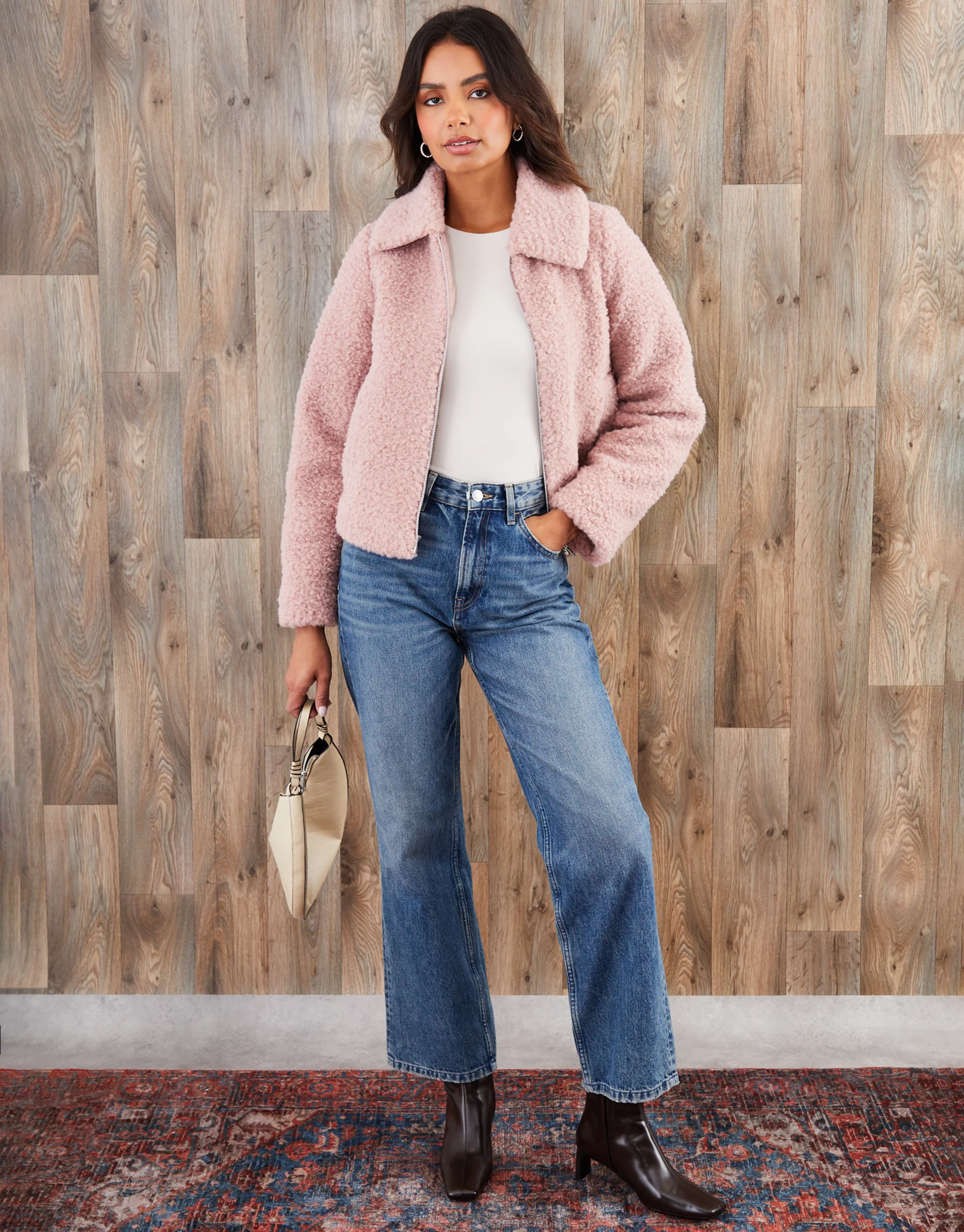 Galuxia Women's Pink Collared Zip Up Borg Bomber Jacket - Image 4